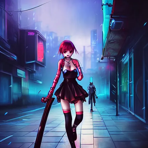 Prompt: digital art , anime girl walking into the streets of a cyberpunk city at night with a bloody katana, rain, mist, by artgerm, by krenz cushart, by peter kemp, by ross tran