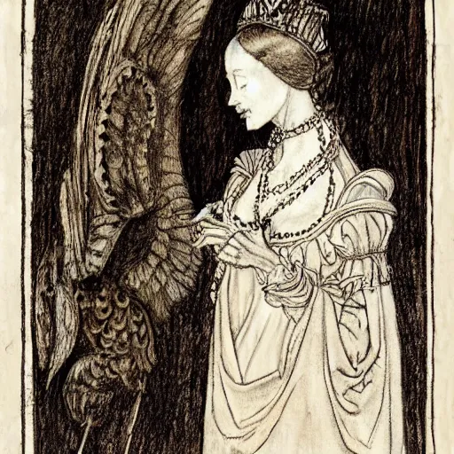 Image similar to anne boleyn with bird wings, she is very sad, full body shot, in the style of arthur rackham