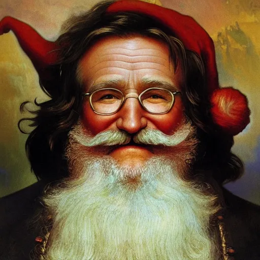 Image similar to a detailed portrait of robin williams as santa ana at the alamo, long twirling moustache, by alphonse mucha and albert bierstadt and thomas moran and charles russel, god rays, intricate detail, cinematic, 8 k, featured on artstation, pixiv