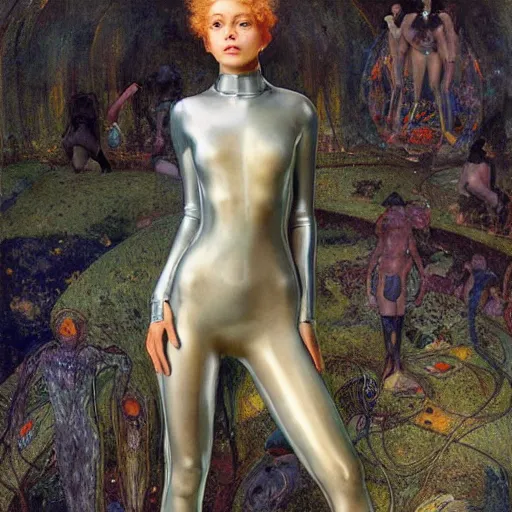 Image similar to full body portrait of a beautiful woman wearing a transparent plastic skin tight jumpsuit, Edgar Maxence and Ross Tran and Michael Whelan and Gustav Klimpt