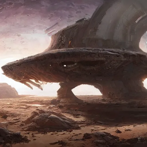 Image similar to An intact ancient alien ship, discovered half-buried in the Australian outback, detailed fantasy art by Greg Rutkowski