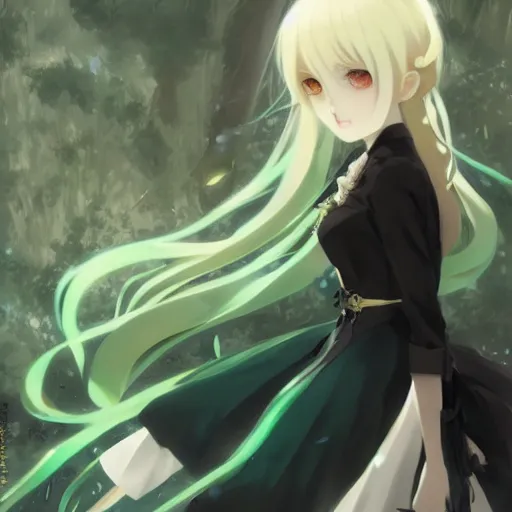 Image similar to victorique de blois anime girl gosick green eyes black dress blonde hair by greg rutkowski makoto shinkai aramaki shinji artgerm, cushart krenz key art feminine