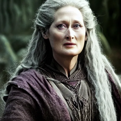 Image similar to first photos of 2 0 2 4 female lotr remake - meryl streep as denethor, ( eos 5 ds r, iso 1 0 0, f / 8, 1 / 1 2 5, 8 4 mm, postprocessed, crisp face, facial features )