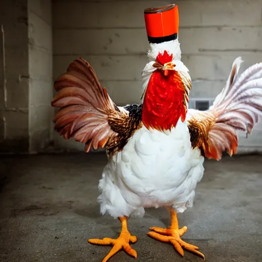 Image similar to chicken dressed as an inmate, real photography, police statiom