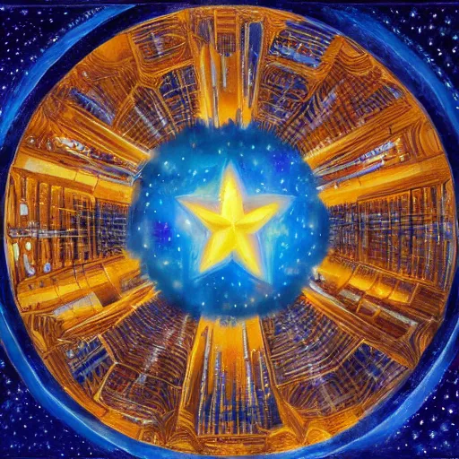 Prompt: a giant blue star inside a golden artificial megastructure, highly detailed artwork, oil painting