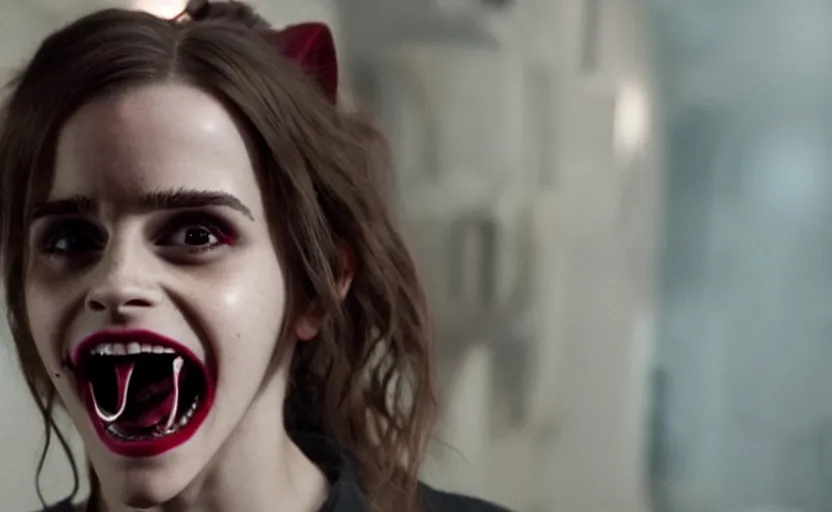 Prompt: Emma Watson as a vampire, mad grin, red eyes, screenshot from Morbius (2022), cinematic lighting, close-up