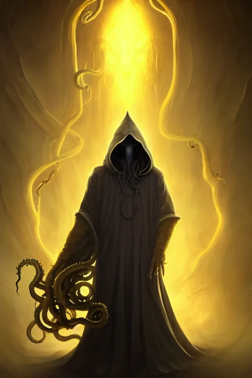 Image similar to A full body portrait of a mysterious character with no face with a very long hooded yellow cloak, a golden crown floating above his head tentacles coming out the ground art by James Paick, and Shaddy Safadi, ominous, cosmic horror, trending on artstation, Ultra detailed, hyper realistic 4k