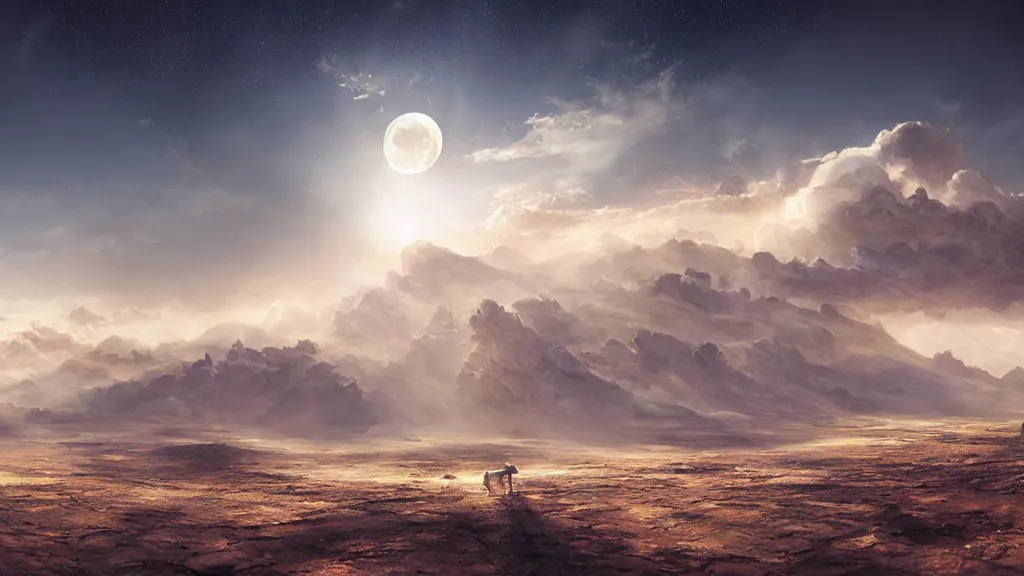 Prompt: The moon, the desert, the rays of the sun through the dust, a shock wave, birds and clouds in the sky enter the earth, art by Jessica Rossier,