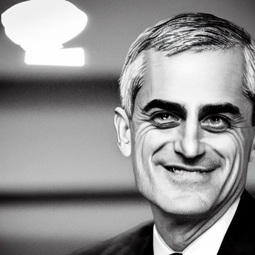 Image similar to digital illustration of secretary of denis mcdonough, glowing eyes, light shining from eyes, evil laugh, menacing, villain, clean lines, clean ink