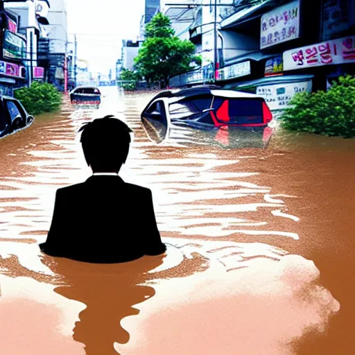 Image similar to seoul city is flooded by heavy rain. A guy with suit is sitting on the top of the A car is middle of the street flooded. Shinkai Makoto Ghibli anime style