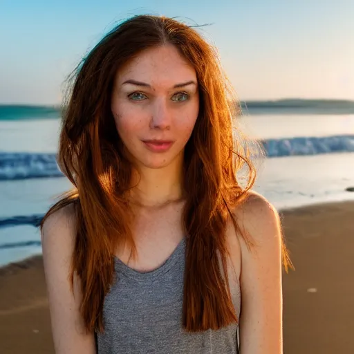 Image similar to Cute young woman, long shiny bronze brown hair, green eyes, cute freckles, soft smile, golden hour, beach setting, medium shot, mid-shot