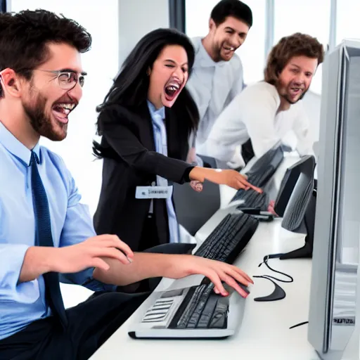 Image similar to young office workers playing around computers and laughing comic