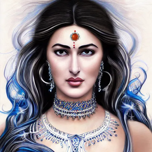 Prompt: Beautiful face Portrait of smiling young hindu Monica Bellucci, really big blue ocean color huge eyes, blue indygo thunder lightning, long wavy black hair, white veil, magic blue fire, focus face, dramatic lighting, intricate, India, wild, highly detailed, digital painting, artstation, concept art, smooth, sharp focus, illustration, art by artgerm and greg rutkowski and alphonse mucha, footage from space camera