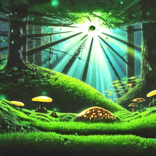 Image similar to a robot covered in moss and mushrooms lying in a forest, shafts of light god rays, painting by hayao miyazaki studio ghibli