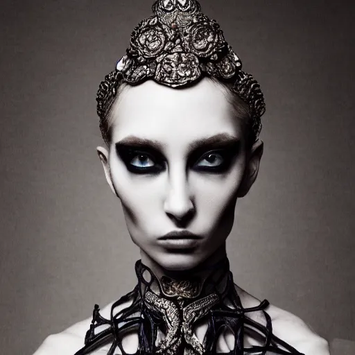 Prompt: a portrait of female model by stefan geselle and nekro borja, photorealistic, intricate details, hyper realistic, dark fantasy, ornate headpiece, dark beauty, photorealistic, canon r 3, photography, wide shot, photography, dark beauty, symmetrical features, wide angle shot, whole body, full body shot, 3 / 4 shot