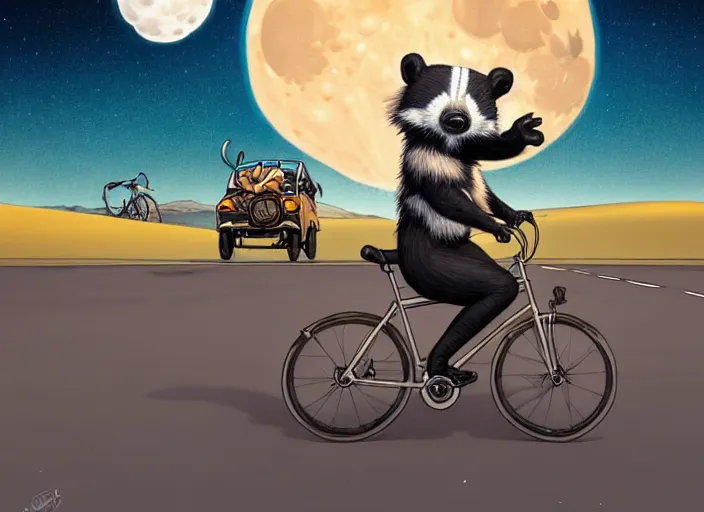 Image similar to a cell shaded cartoon badger riding a bicycle, with a big head, on a desert road, wide shot, in front of a big moon, muted colors, post grunge, josan gonzales, wlop, by james jean, victor ngai, hq, deviantart, art by artgerm