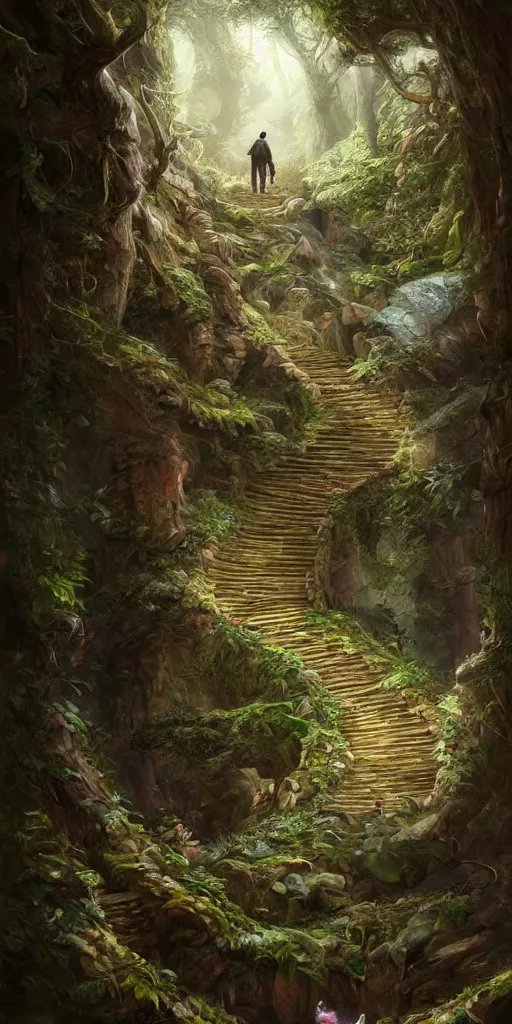 Image similar to a man walking up a steep and winding staircase, in magical woods, intricate, elegant, highly detailed, digital painting, artstation, concept art, sharp focus, beautiful illustration, by justin gerard and artgerm, 8 k