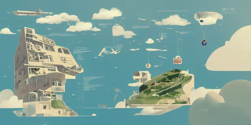 Prompt: 2d representation of a flat suspended in the air above Sint-Marteen island, diagram representation, stylised, CLOUD 9 is written on the schematic, scenic environment by James Gilleard