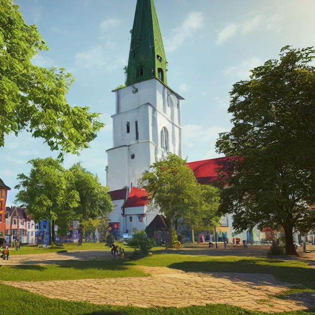 Image similar to colorful colonial city built in a ring around a giant maple tree, huge tree, tallin estonia, cinematic, volumetric, realistic, cinematic lighting, ray tracing, unreal engine 5, octane render, hyper realistic, photo, 8 k