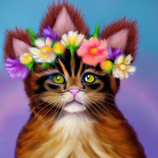 Prompt: anthromorphic fluffy bicolor rag doll cat dressed in princess dress with flower crown, detailed 4 k oil painting