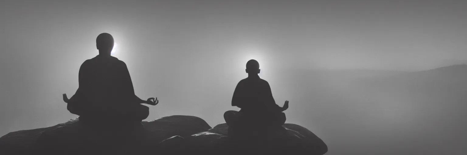 Image similar to the silhouette of a meditating monk sitting in the fog on a stone protruding from the water in the rays of the morning sun, hyper detailed.