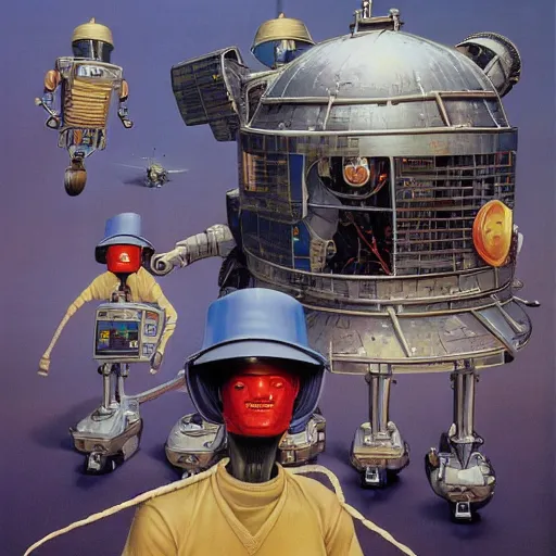 Prompt: robot wearing a bucket hat, by John Harri and Michael Whelan and John Berkey and Robert McCall and Chris Foss and Chris Moore and Vincent Di Fate and Rafał Olbiński and Jim Burns