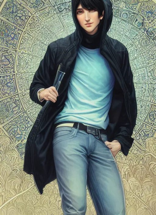 Image similar to handsome young man with short black hair, glowing light blue eyes, pale skin, wearing jeans and a black hoodie, detailed night time cityscape background, realistic painting by ross tran and gerald brom and alphonse mucha, ilya kuvshinov, svetlana tigai, artgerm, trending on artstation