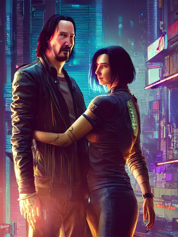 Image similar to a cyberpunk 2077 couple portrait of Keanu Reeves and V ,love story , lots of electric cable behind them connected to giant computer,film lighting,by laurie greasley,Lawrence Alma-Tadema,William Morris,Dan Mumford,trending on atrstation,FAN ART,full of color,Digital painting,highly detailed,8K, octane,golden ratio,cinematic lighting