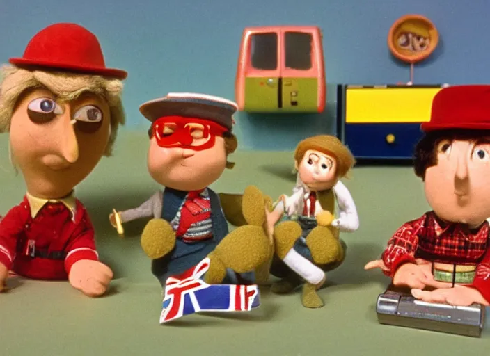 Image similar to a scene from a 1 9 7 0 s british kids tv programme by the bbc and oliver postgate, stop motion animation, postman pat, vhs distortion