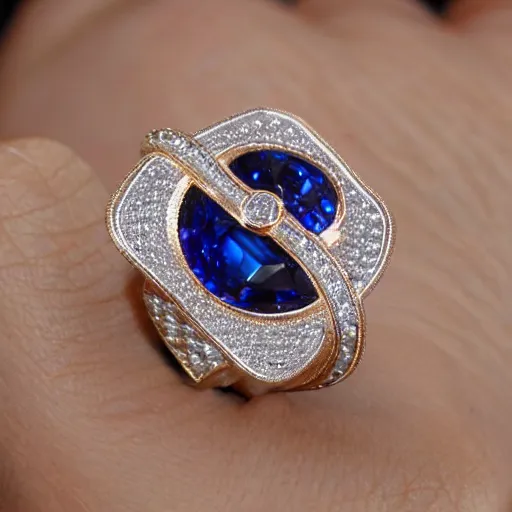 Image similar to a magnificent luxurious design of a female finger ring with a huge sapphire on which intricate patterns with interspersed small diamonds bend with a thin gold thread. hyper - realistic photo. full screen. very clear details.