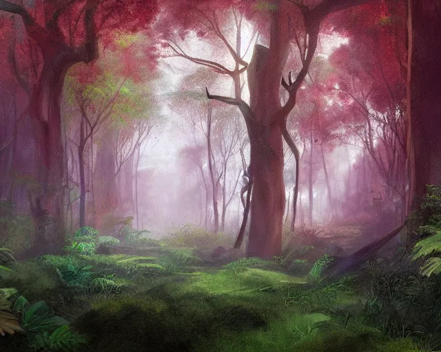 Prompt: lush deciduous forest in a humid subtropical climate, red and brown soil, green and teal leaves, atmospheric fantasy concept art