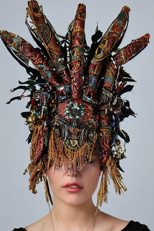 Image similar to ornate cyber tribal headpiece, ritual floral robes, esoteric fasion