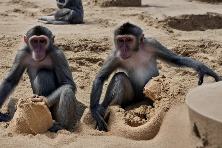 Image similar to a monkey touching a sand castle