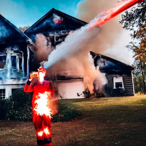 Prompt: photo of a clown using a flamethrower projecting a long bright flame towards a house fire