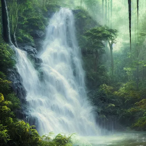 Image similar to a waterfall homogeneous to tears near a tumultuously overgrown jungle, intricately detailed oil painting, trending on artstation, cgsociety contest winner, 4 k quality