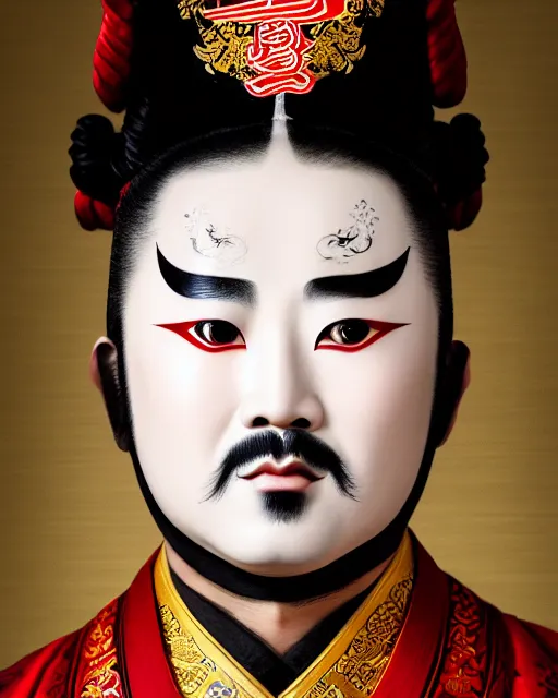 Image similar to photo of a Dramatic Peking Opera male character with arabic text calligraphy words painted on face in the style of stefan kostic, realistic, sharp focus, symmetric, 8k high definition, insanely detailed, intricate, elegant, art by stanley lau and artgerm, William-Adolphe Bouguereau