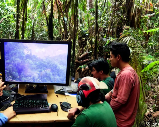 Image similar to lan party pc gaming in the jungles of peru