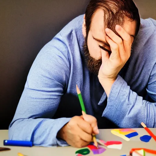 Image similar to exhausted man surrounded by colored pencils and papers