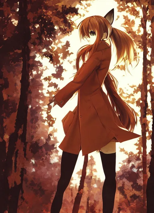 Image similar to illustration by shigenori soejima, by tatsuki fujimoto, by yoji shinakawa, girl with fox ears, long wavy orange hair, light brown trenchcoat, forest background, focus on face, pretty, moody lighting, painterly