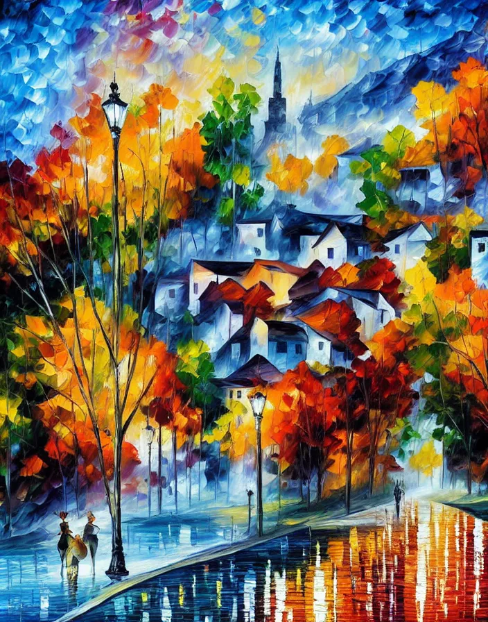 Image similar to a building in a stunning landscape by Leonid Afremov