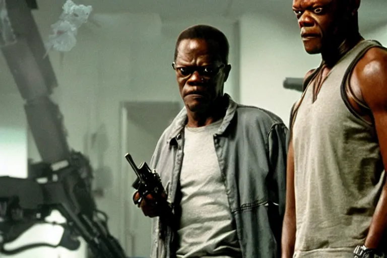 Prompt: Samuel L. Jackson plays Terminator and his endoskeleton is visible, portrait, scene from the film