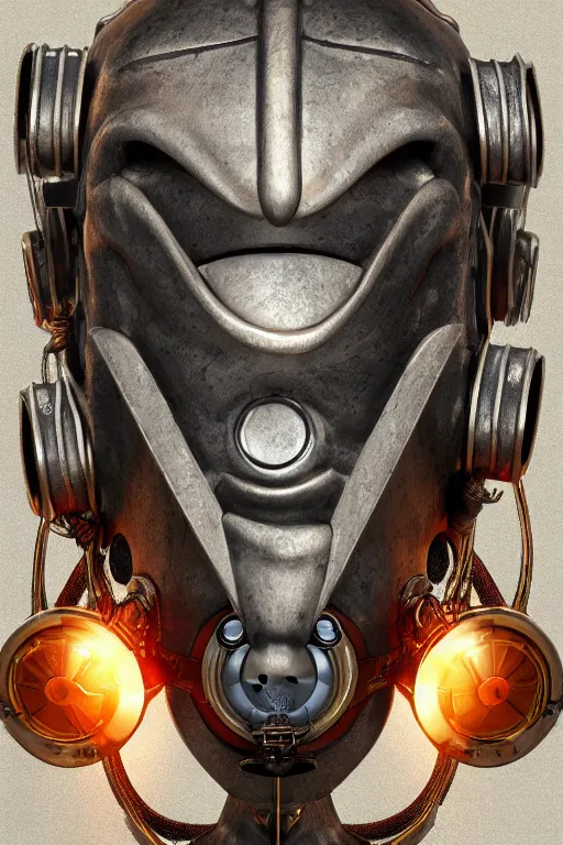 Image similar to steampunk mask minimalist fantasy art robot ninja helmet, global illumination ray tracing hdr fanart arstation by sung choi and eric pfeiffer and gabriel garza and casper konefal radiating a glowing aura