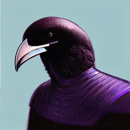 Image similar to self portrait of a humanoid raven with a helmet in the shape of a beak. purple and black body armor, digital art, realistic, ultradetailed, concept art in the style of Science Fiction. art by Syd Mead and Moebius, trending on artstation, devianart, cgsociety