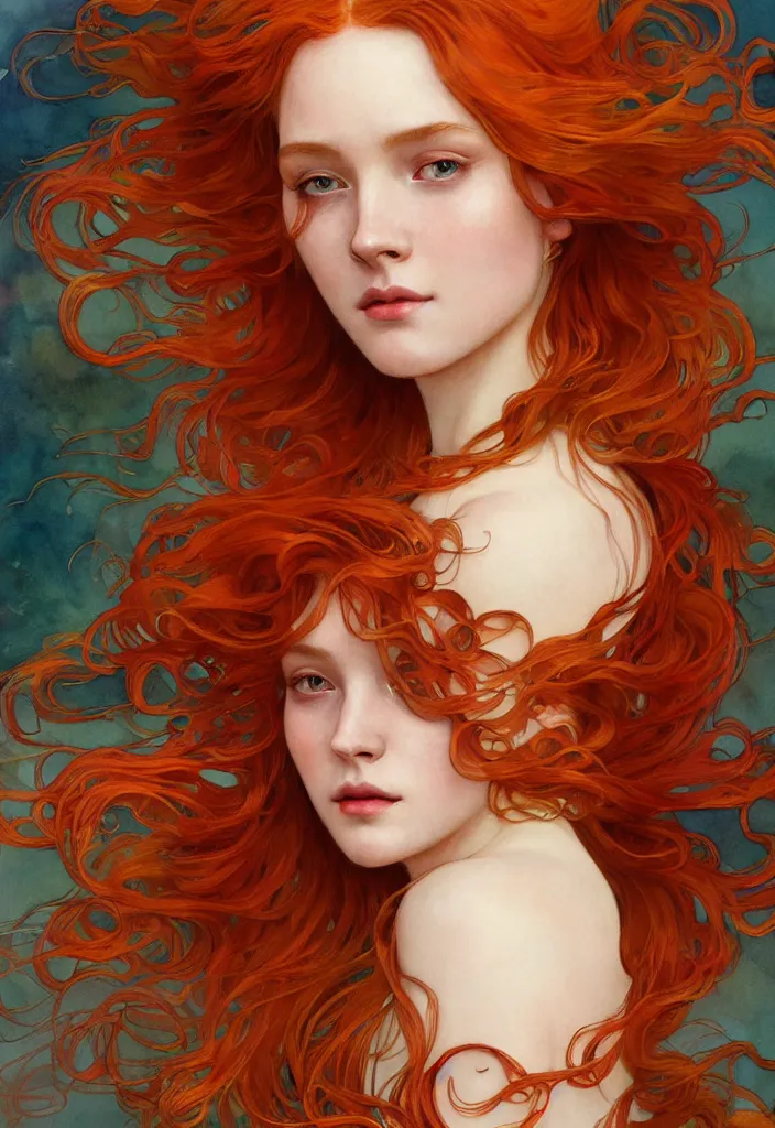 Image similar to beautiful watercolor painting of a young red hair woman surrounded by a school of long golden fish, intricate, elegant, highly detailed, digital painting, artstation, concept art, smooth, sharp focus, art by krenz cushart and artem demura and alphonse mucha, dynamic lighting, full body shot, ultrarealistic, cinematic, octane render, 8 k