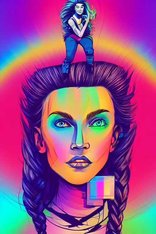 Image similar to a award winning half body portrait of a beautiful woman with stunning eyes in a printed croptop and cargo pants with rainbow colored ombre hairstyle head in motion and hair flying by josan gonzales, outrun, vaporware, shaded flat illustration, digital art, trending on artstation, highly detailed, fine detail, intricate