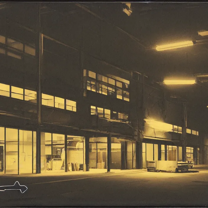 Image similar to liminal polaroid of a gunpla warehouse at night, art by dariusz zawadski, deep depth of field. highly detailed, hyper realism, hd, 4 k