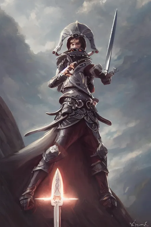 Image similar to a small paladin holding a starknife, character art portrait, anime key visual, official media, illustrated by tom bagshaw, wlop, kentaro miura, extremely detailed, 8 k, trending on artstation, cinematic lighting, beautiful