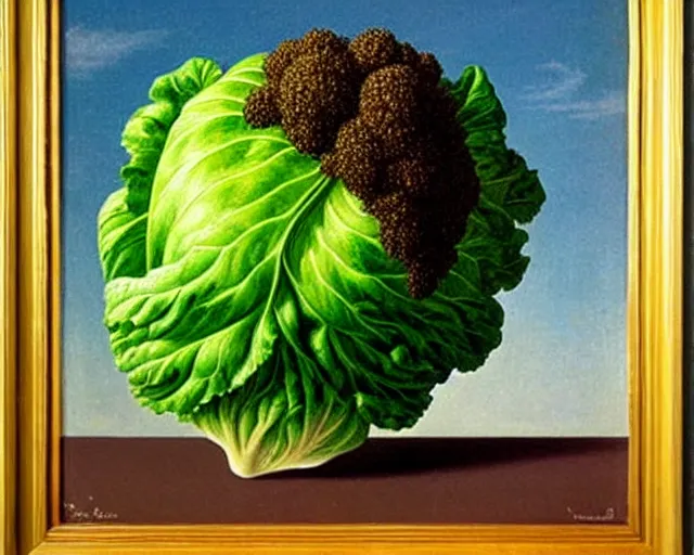 Image similar to a magritte painting of a head of lettuce