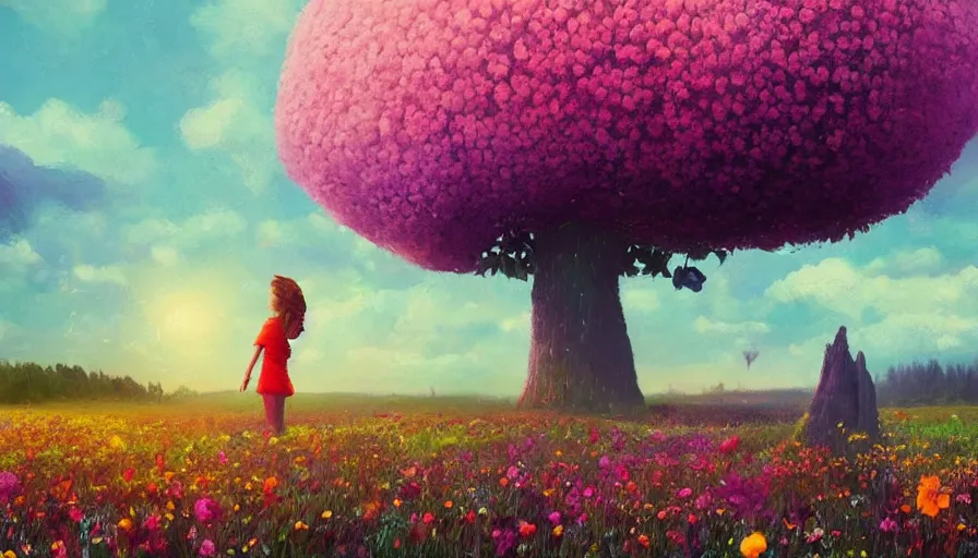 Image similar to girl with a giant flower instead of face, surreal photography, dream, standing in flower field, hills, big trees, sunrise dramatic light, impressionist painting, colorful clouds, digital painting, pointillism, artstation, simon stalenhag, flower face