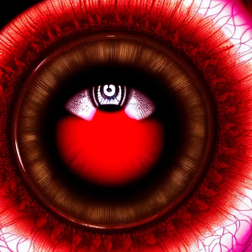 Image similar to a detailed extremely close up of inside the iris, cornea, red image, microscopic, extremely close up drawing by junji ito, cgsociety, generative art, lovecraftian, parallax, cosmic horror, extremely detailed, hyperrealism, unreal engine, octane render, award winning, masterpiece, highly detailed, realistic, 4 k, digital